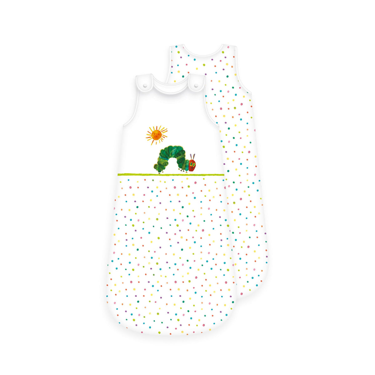 Raupe Nimmersatt Babyschlafsack ‘Evergreen’ von vorn und hinten: Raupe und Sonne auf Weiß, bunte Punkte, Rückseite gepunktet