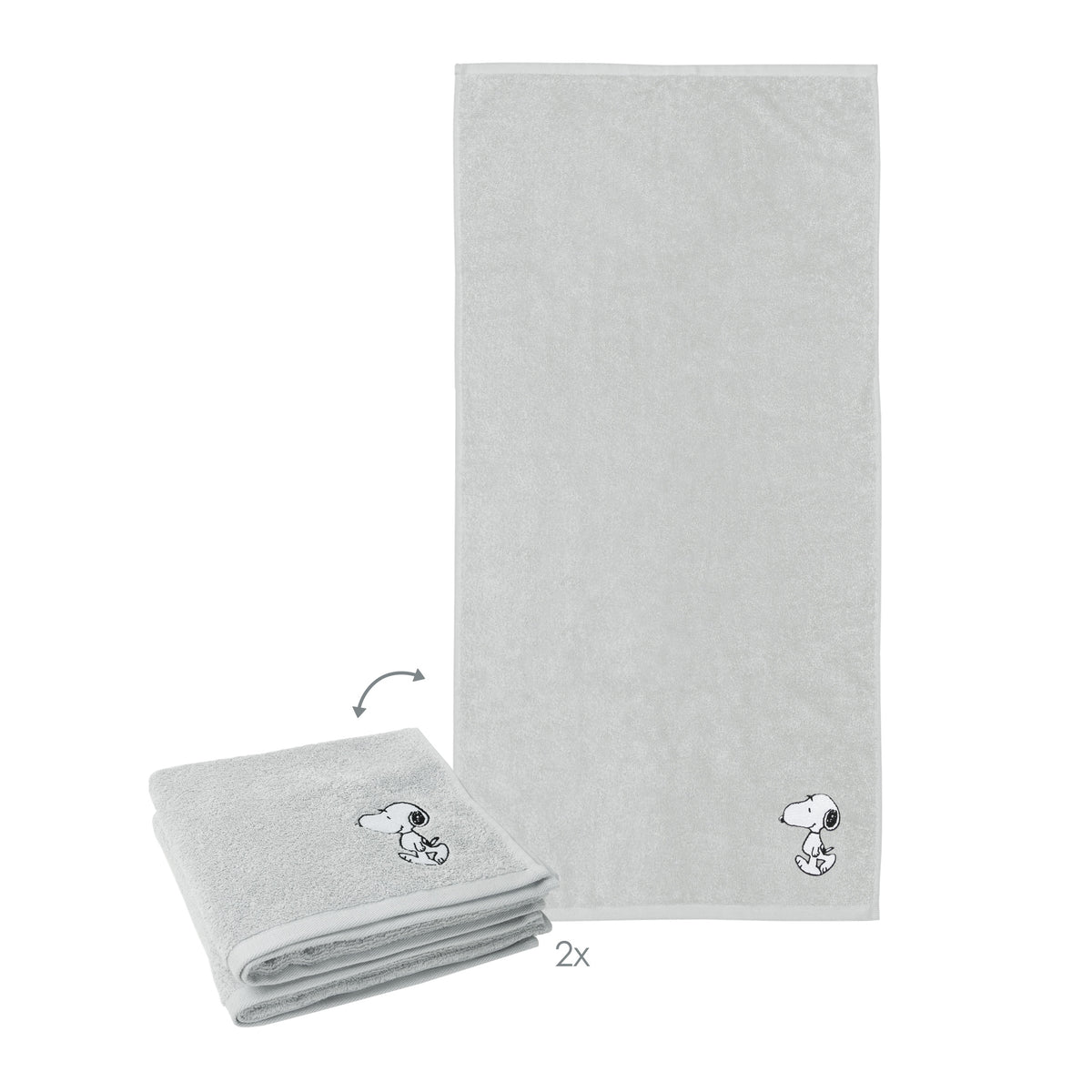 Snoopy Handtuch-Set ‘Soft Grey’: zwei hellgraue Handtücher 50 x 100 cm mit gesticktem Snoopy
