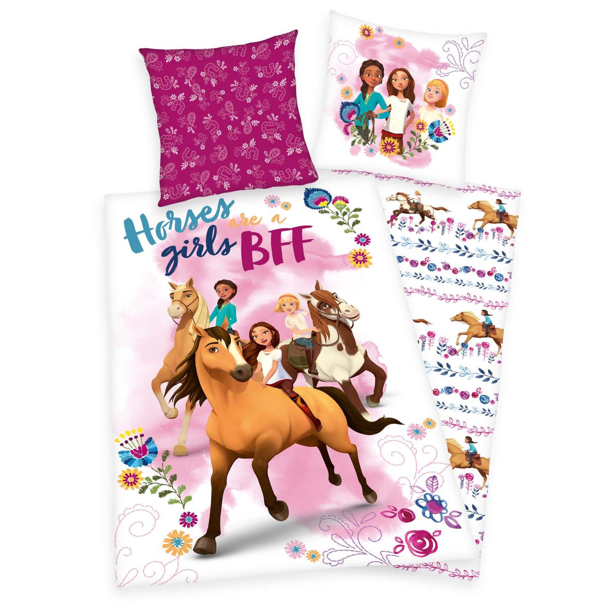 Spirit Bettwäsche ‘Horses are a girls BFF’: Lucky und ihre Freundinnen zu Pferd zwischen bunten Blumen, Wendeseite mit Blumenranken