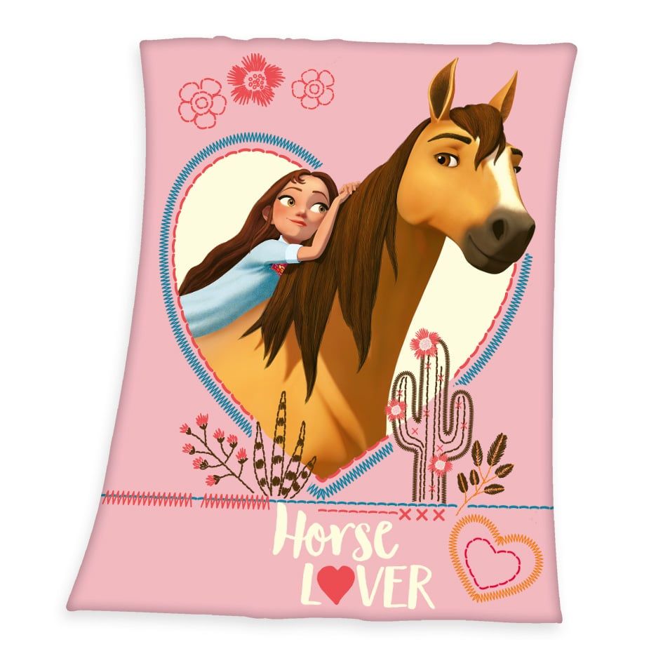 Spirit Fleecedecke ‘Horse Lover’: Lucky umarmt Spirit in einem Herzen, Schriftzug Horse Lover auf Rosa