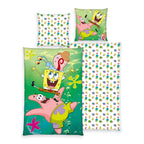 SpongeBob Bettwäsche-Set ‘Friends’ 135 x 200 cm: Bettbezug grün mit SpongeBob, Patrick und Gary, Wendeseite weiß mit kleinen SpongeBobs, Kissen 80 x 80 cm