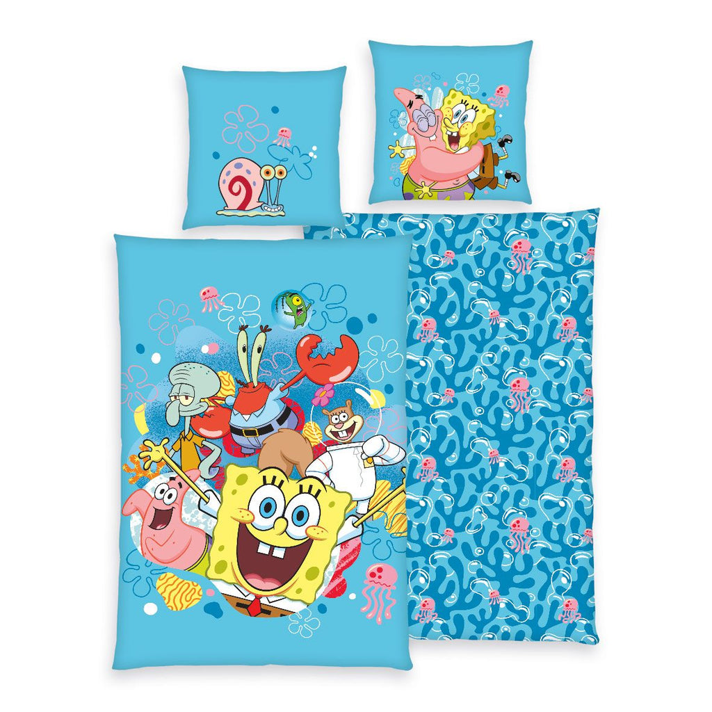 SpongeBob Bettwäsche-Set ‘Fun’ 135 x 200 cm: Bettbezug blau mit SpongeBob, Patrick, Sandy, Thaddäus, Mr. Krabs und Gary, Wendeseite blau mit Quallen, Kissen 80 x 80 cm