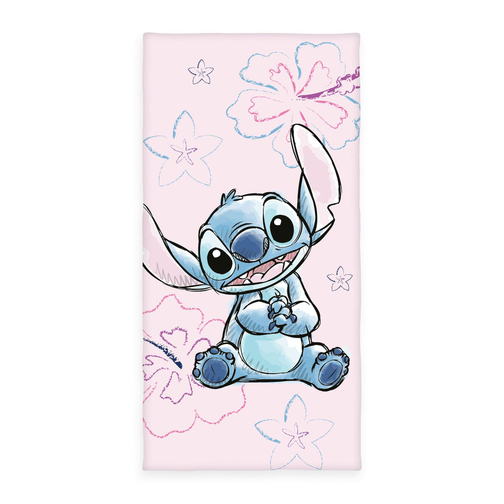 Disney Stitch Badetuch ‘Stitch’ 75 x 150 cm: Stitch im Aquarell-Look zwischen Hibiskusblüten auf Zartrosa