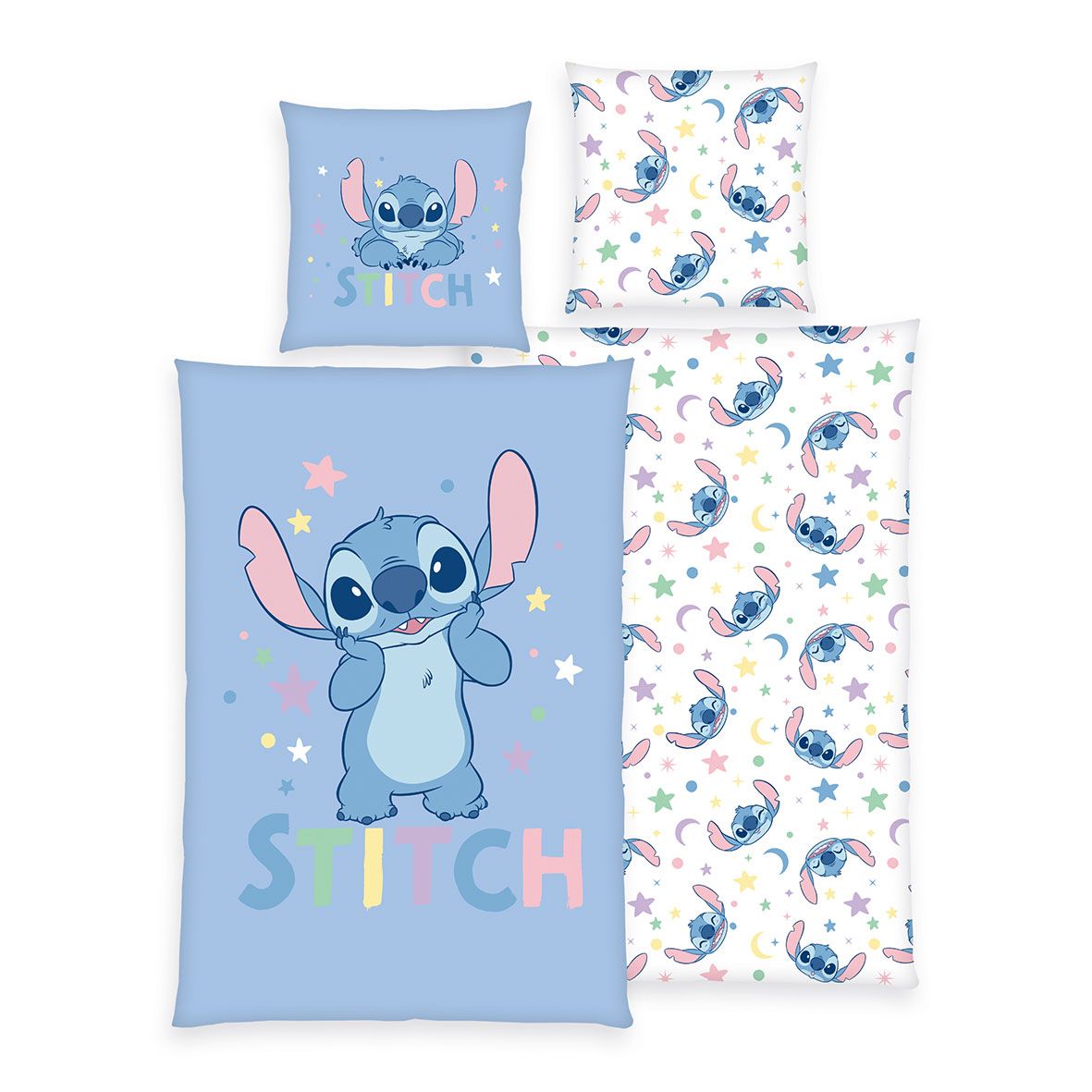 Disney Stitch Bettwäsche-Set ‘Pastel Stars’ 135 x 200 cm: Bettbezug hellblau mit Stitch und Pastell-Sternen, Wendeseite weiß mit Stitch-Köpfen und Sternen, Kissen 80 x 80 cm