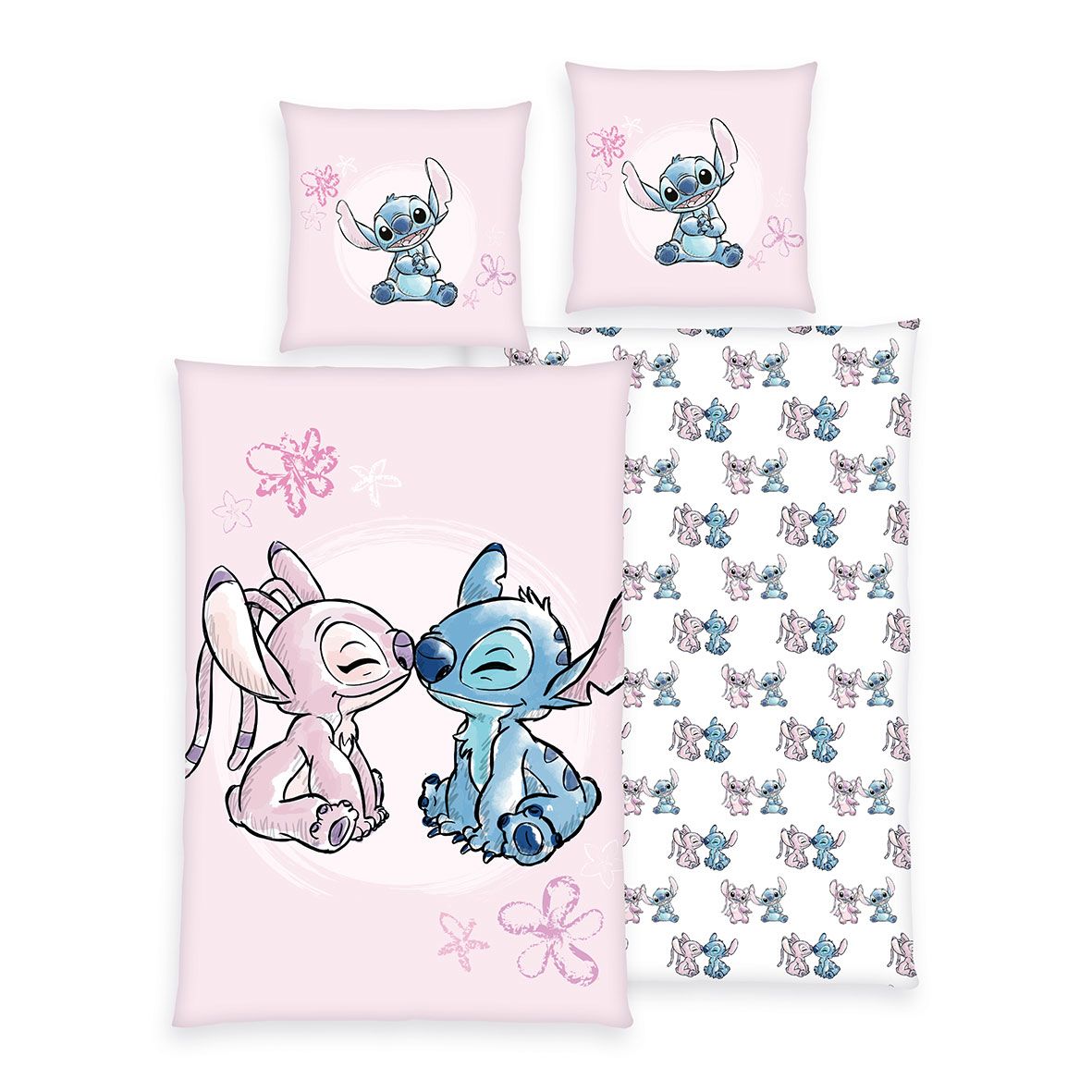 Disney Stitch Bettwäsche-Set ‘Stitch & Angel’ 135 x 200 cm: Bettbezug rosa mit Stitch und Angel Nase an Nase, Wendeseite weiß mit kleinen Paaren, Kissen 80 x 80 cm mit Stitch