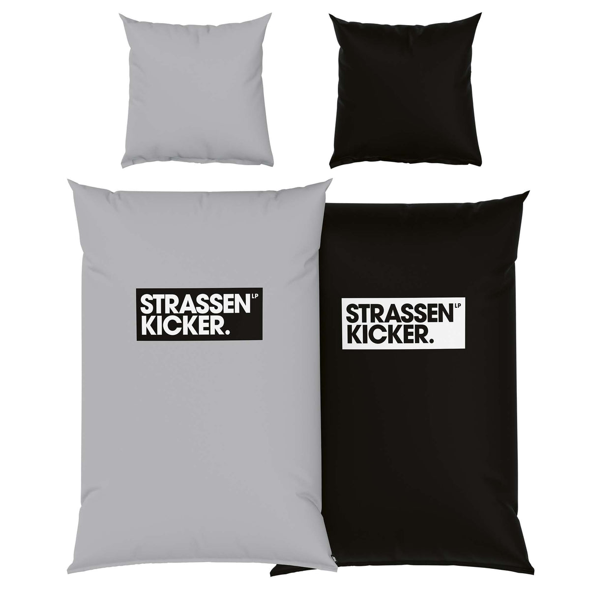 STRASSENKICKER Bettwäsche-Set ‘Grau’ 155 x 220 cm: Bettbezug hellgrau mit Logo im schwarzen Feld, Wendeseite schwarz mit Logo im weißen Feld, Kissen grau und schwarz