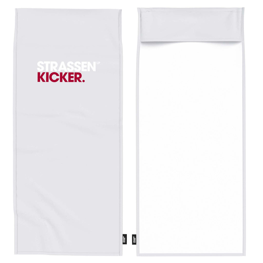 Vorder- und Rückseite des STRASSENKICKER Fitnesstuchs ‘Hellgrau’, hinten weiß mit Flap