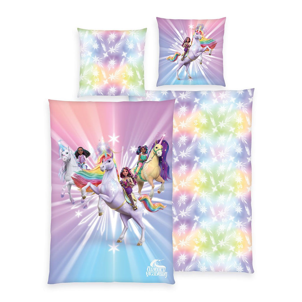 Unicorn Academy Bettwäsche-Set ‘Magic’ 135 x 200 cm: Bettbezug mit Sophia und Freundinnen auf Einhörnern, Wendeseite mit Regenbogen-Sternen, Kissen 80 x 80 cm