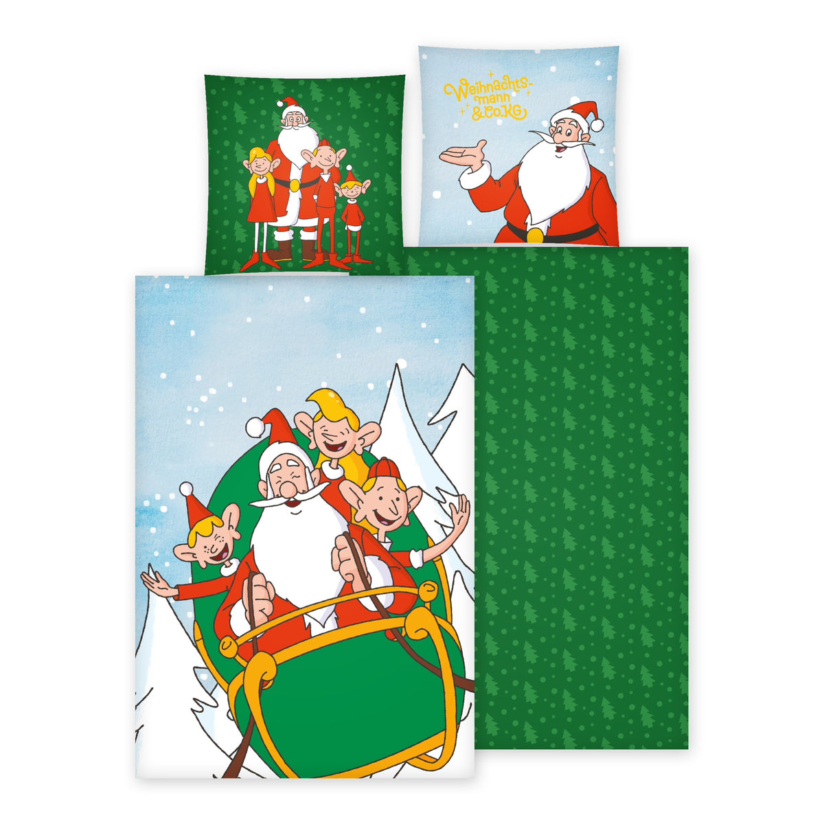 Vorder- und Rückseite der Weihnachtsmann & Co. KG Bettwäsche ‘Nordpol-Helden’: Bettbezug 135 x 200 cm und Kissenbezug 80 x 80 cm