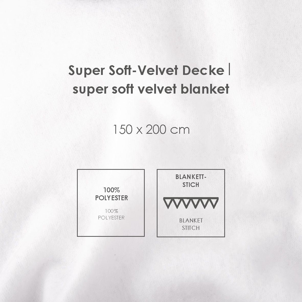 Infokarte: Super Soft Velvet Decke 150 x 200 cm aus 100 % Polyester mit Blankett-Stich