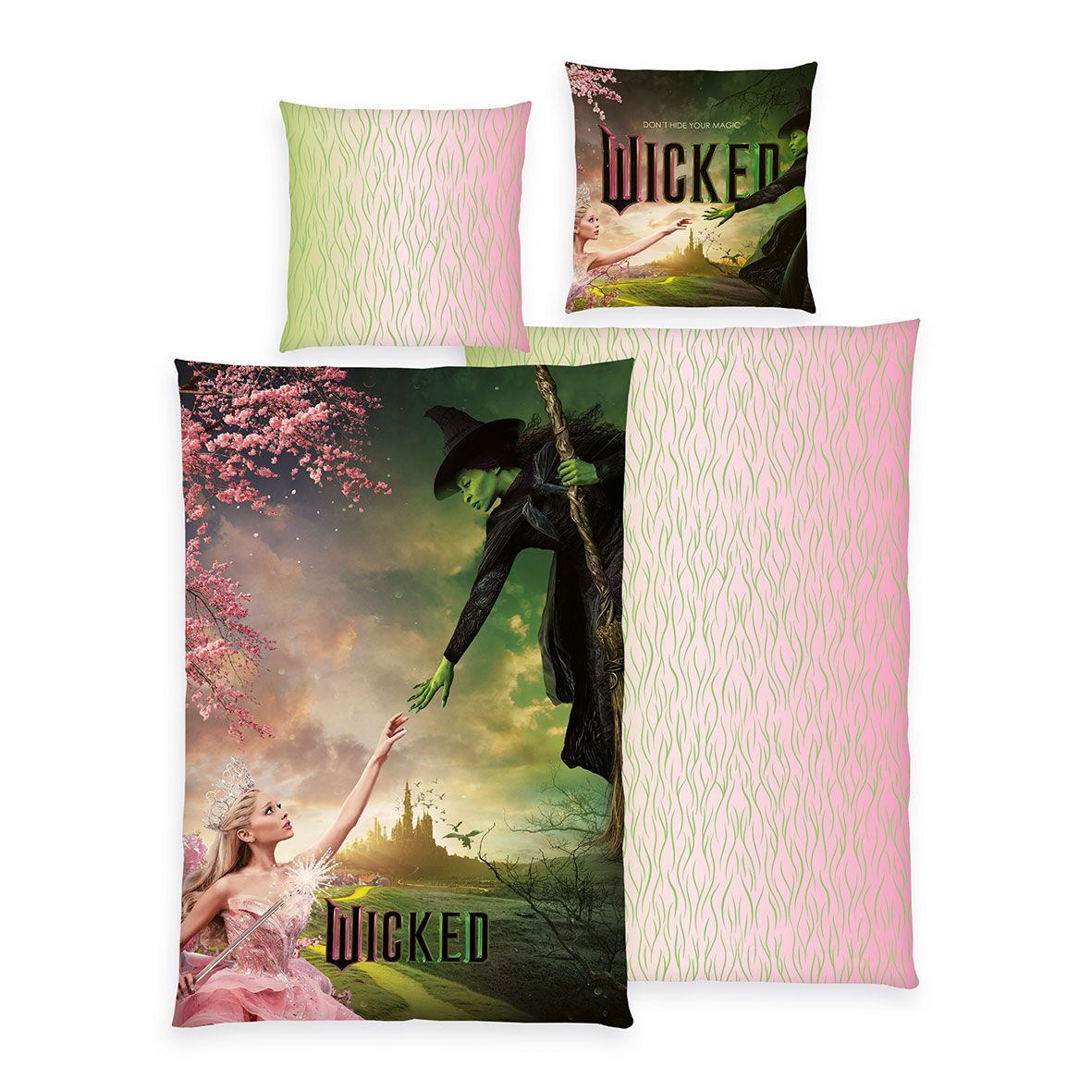 Wicked Bettwäsche-Set ‘Mystic’ 135 x 200 cm: Bettbezug mit Elphaba und Glinda wie auf dem Filmplakat, Wendeseite mit Farbverlauf, Kissen 80 x 80 cm
