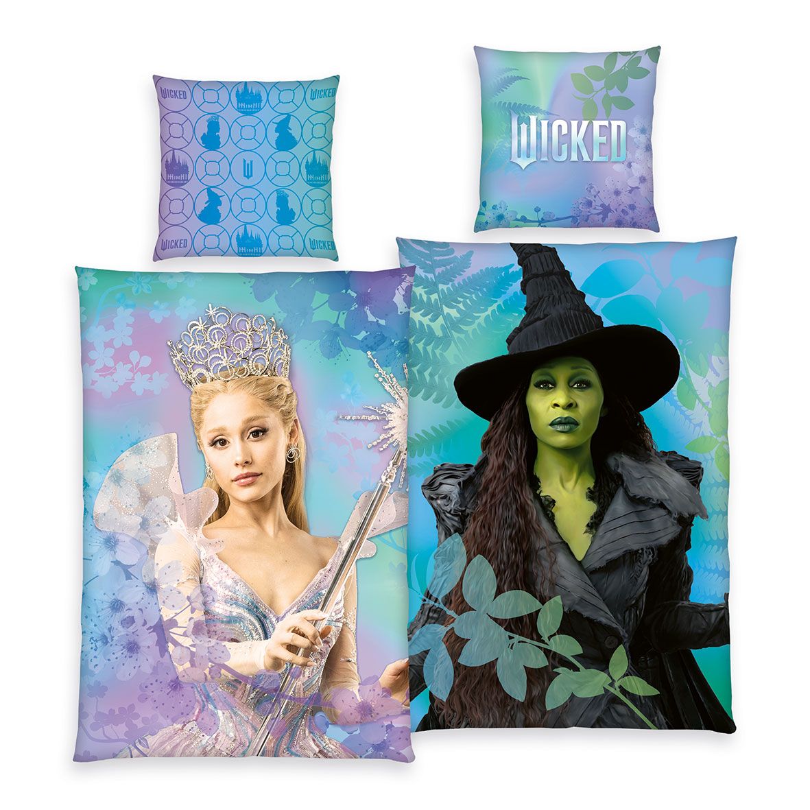 Wicked Bettwäsche-Set ‘Twilight Magic’ 135 x 200 cm: Bettbezug mit Glinda vorn und Elphaba auf der Wendeseite, Kissen 80 x 80 cm mit Wicked-Schriftzug und Silhouetten-Muster