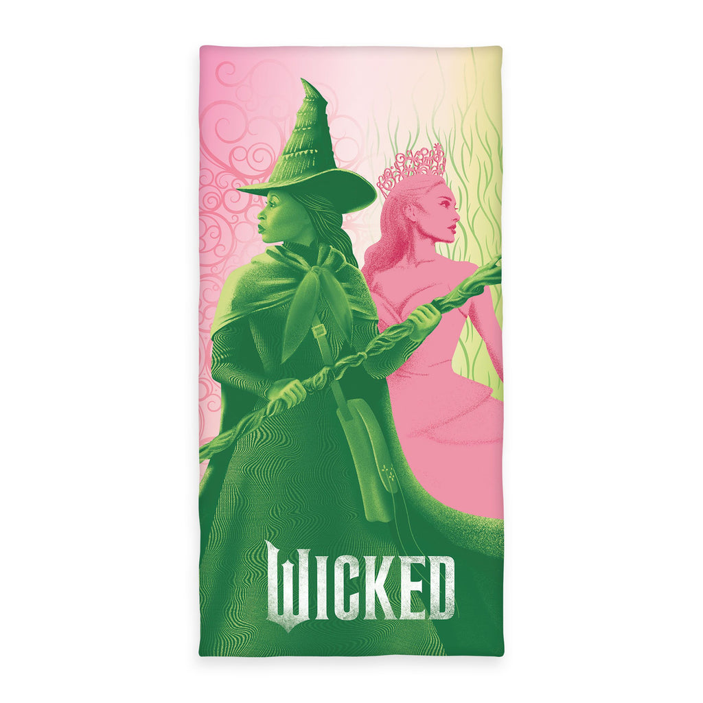 Wicked Handtuch ‘Mystic’ 75 x 150 cm: Elphaba in Grün und Glinda in Rosa über dem Schriftzug „Wicked“