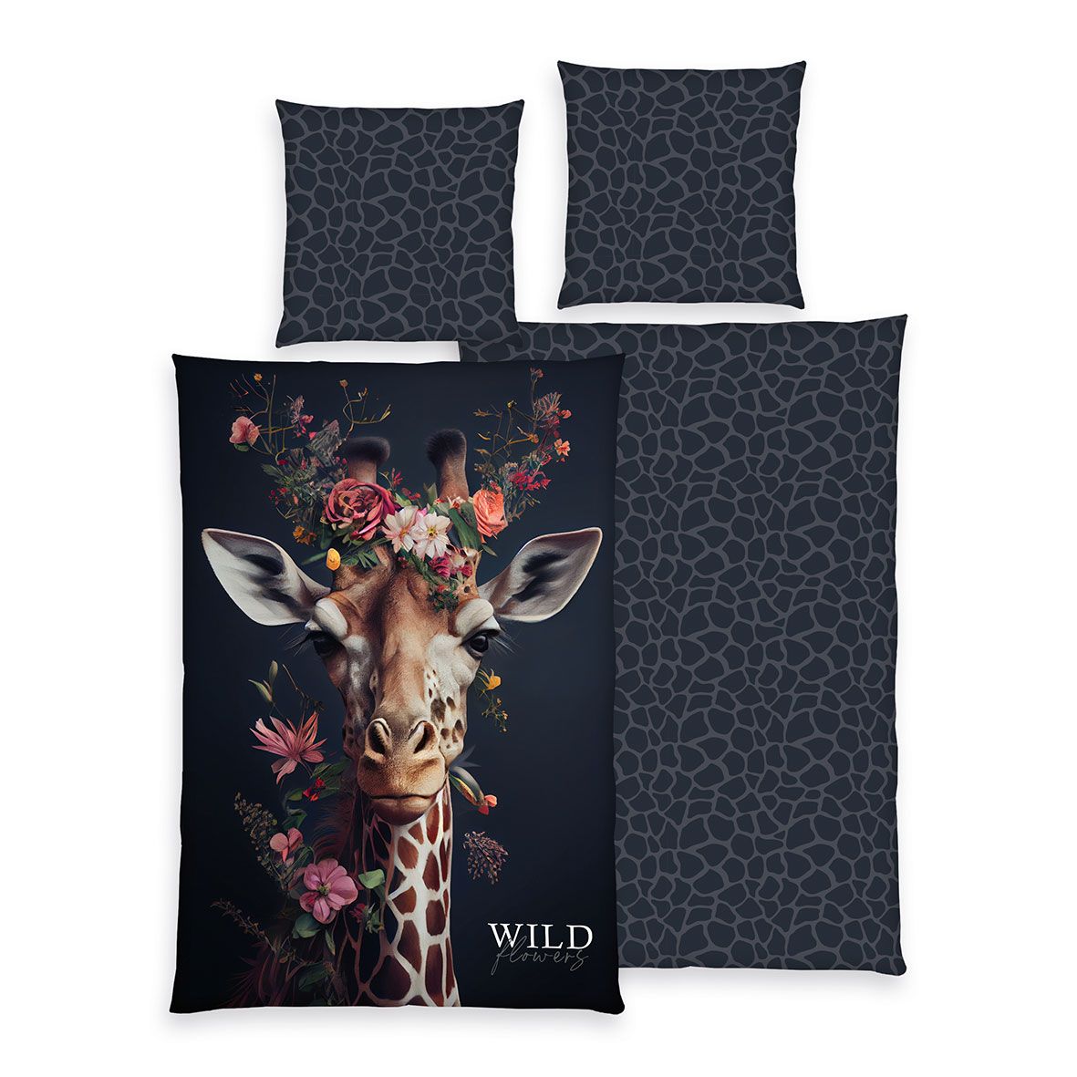 Wild Flowers Bettwäsche-Set ‘Giraffe’ 135 x 200 cm: Bettbezug dunkelblau mit Giraffe mit Blumenkranz, Wendeseite mit Giraffenfell-Muster, Kissen 80 x 80 cm