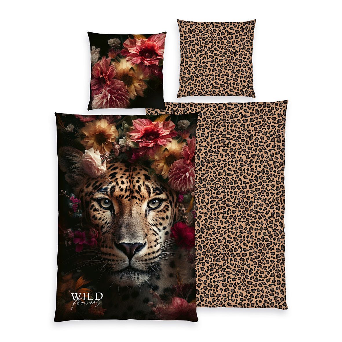 Wild Flowers Bettwäsche-Set ‘Leopard’ 135 x 200 cm: Bettbezug schwarz mit Leopard zwischen Dahlien, Wendeseite mit Leopardenmuster, Kissen 80 x 80 cm