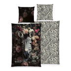 Wild Flowers Bettwäsche-Set ‘Zebra’ 135 x 200 cm: Bettbezug schwarz mit Zebra zwischen Rosen, Wendeseite mit Zebrastreifen, Kissen 80 x 80 cm