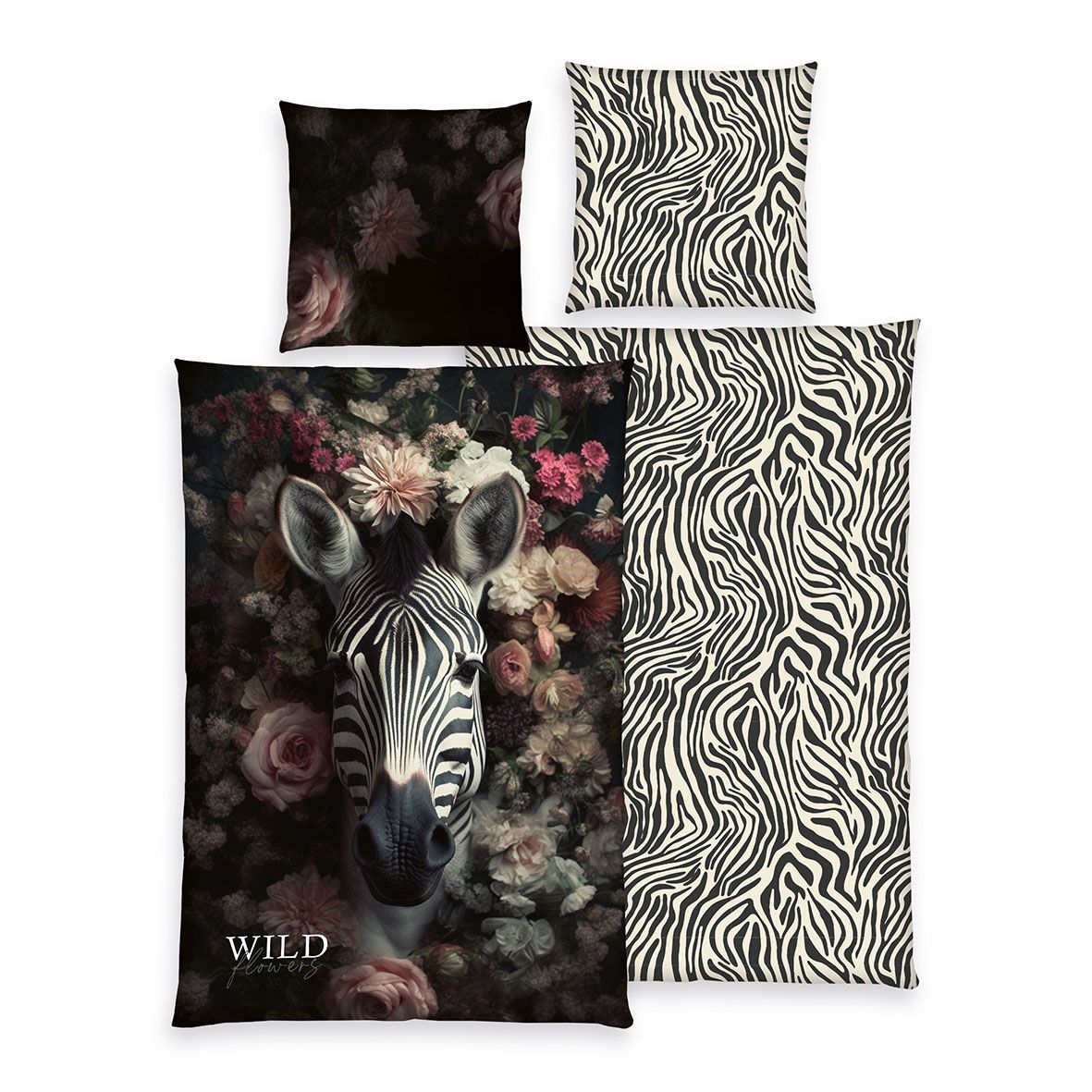 Wild Flowers Bettwäsche-Set ‘Zebra’ 135 x 200 cm: Bettbezug schwarz mit Zebra zwischen Rosen, Wendeseite mit Zebrastreifen, Kissen 80 x 80 cm