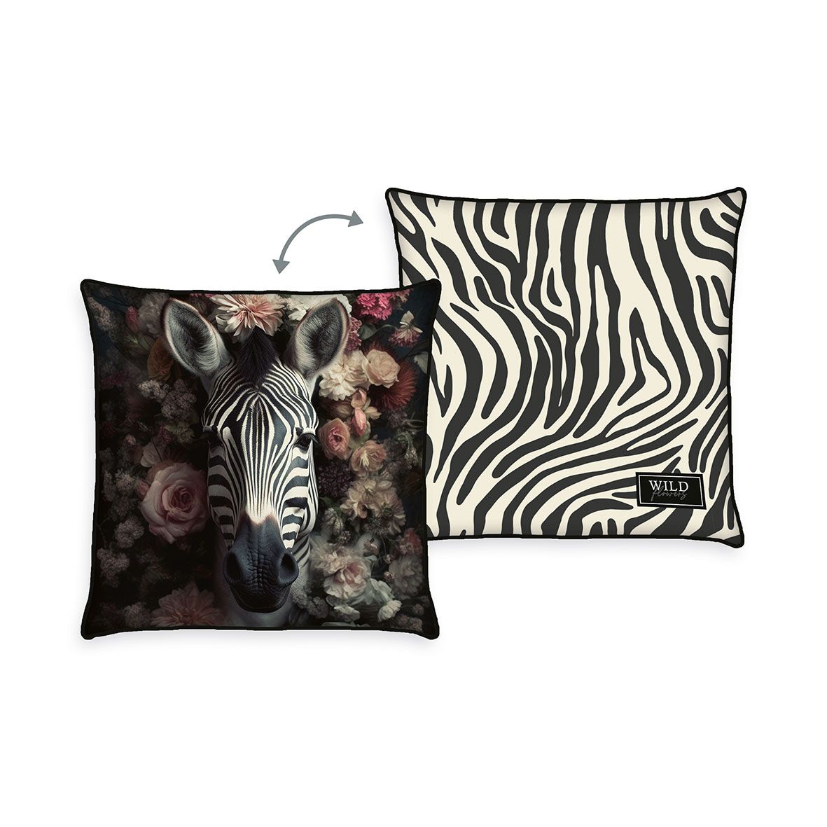 Wild Flowers Dekokissen ‘Zebra’ 50 x 50 cm: Zebra zwischen Rosen auf Schwarz vorn, Zebrastreifen hinten