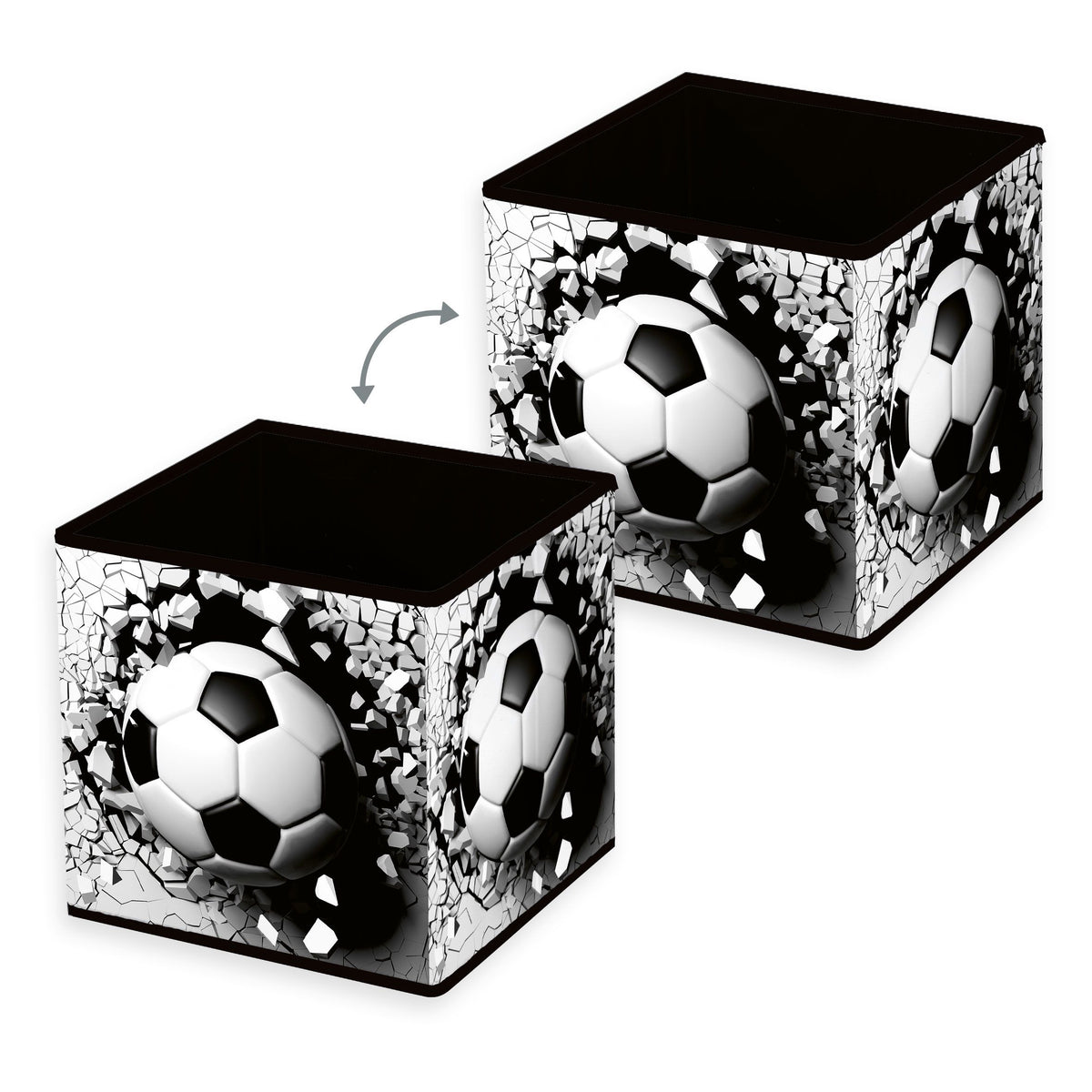 Zwei Ansichten der Young Collection Aufbewahrungsbox ‘3D Fußball’: ein Fußball bricht durch eine Wand