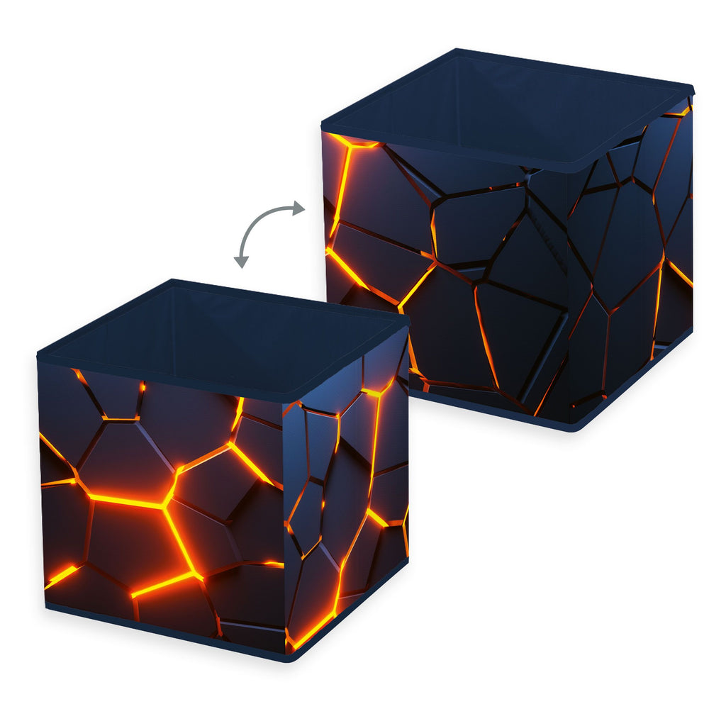 Zwei Ansichten der Young Collection Aufbewahrungsbox ‘Lava 3D Effekt’ mit glühenden Fugen auf allen Seiten
