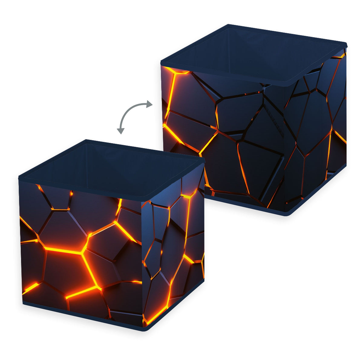 Zwei Ansichten der Young Collection Aufbewahrungsbox ‘Lava 3D Effekt’ mit glühenden Fugen auf allen Seiten