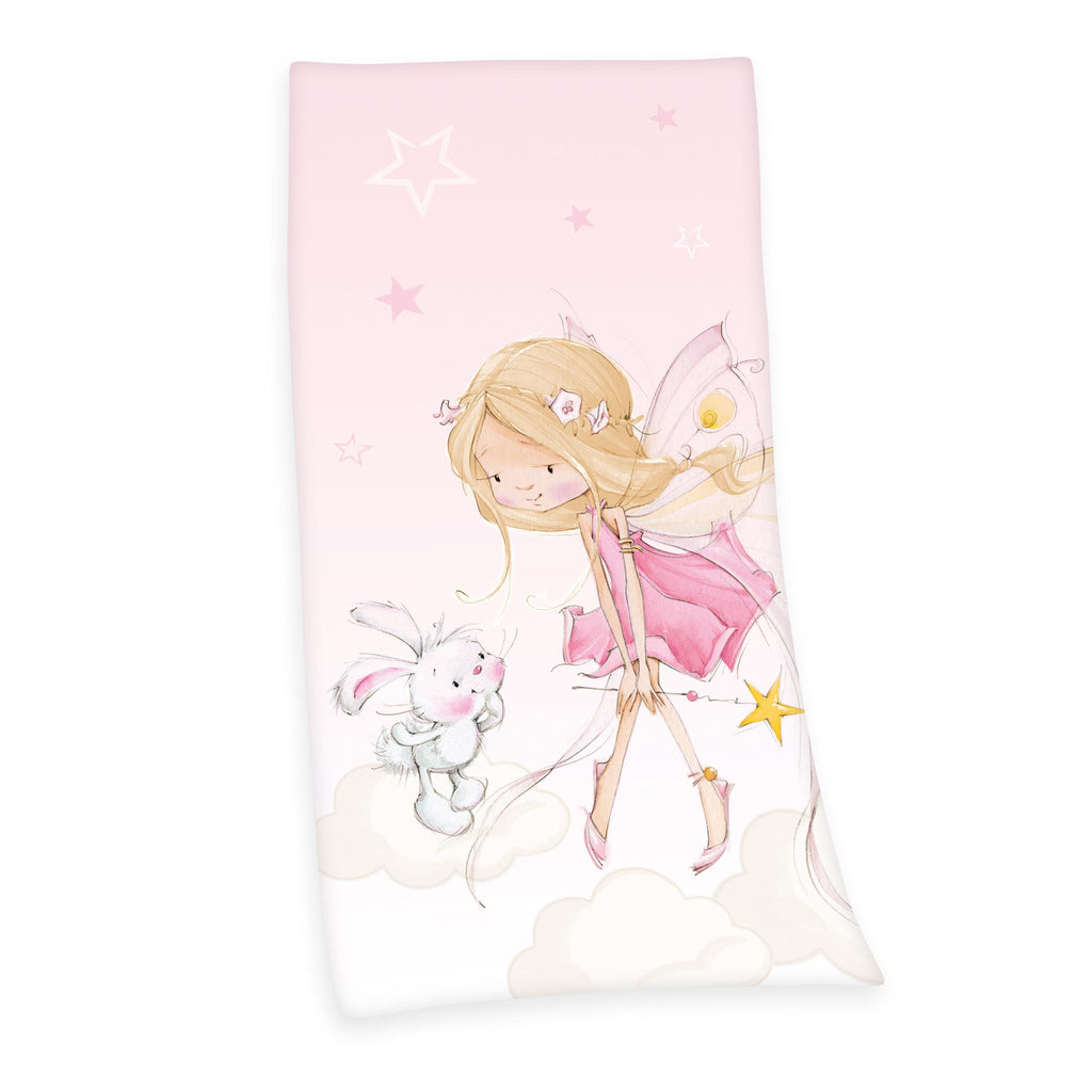 Young Collection Badetuch ‘Little Fairy Fee’ 75 x 150 cm: Fee mit Zauberstab und Häschen auf der Wolke, rosa Sterne