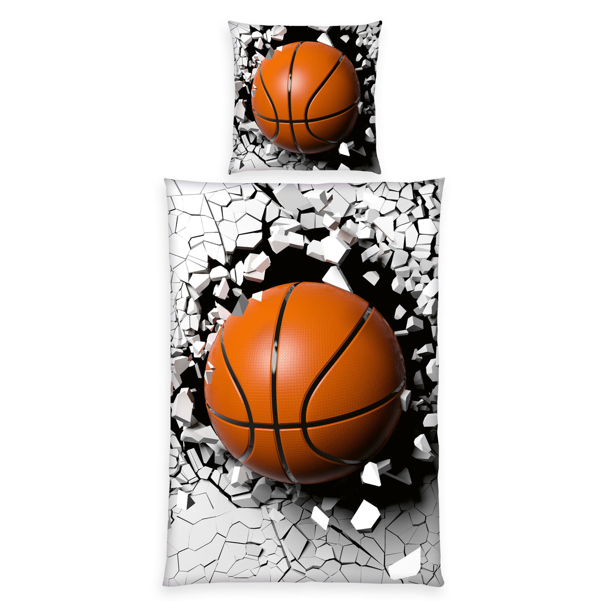 Young Collection Bettwäsche-Set ‘3D Basketball’ 135 x 200 cm: Bettbezug mit Basketball, der durch eine graue Wand bricht, Kissen 80 x 80 cm mit Ball