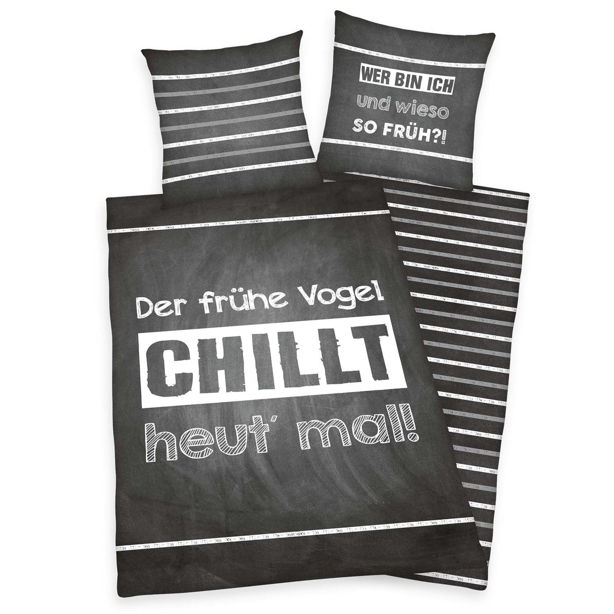 Young Collection Bettwäsche-Set ‘Der frühe Vogel’ 135 x 200 cm: Bettbezug dunkelgrau mit Spruch, Wendeseite grau-weiß gestreift, Kissen 80 x 80 cm mit Spruch