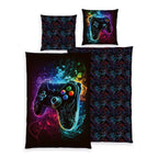 Young Collection Bettwäsche-Set ‘Gaming’ 135 x 200 cm mit Neon-Controller und geometrischer Wendeseite