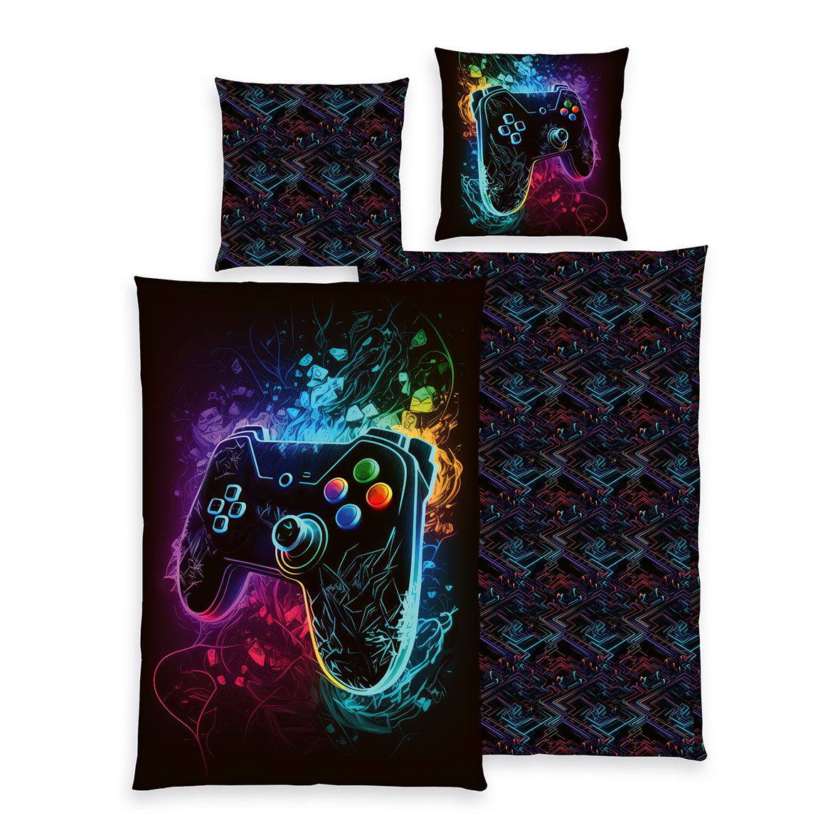 Young Collection Bettwäsche-Set ‘Gaming’ 135 x 200 cm mit Neon-Controller und geometrischer Wendeseite