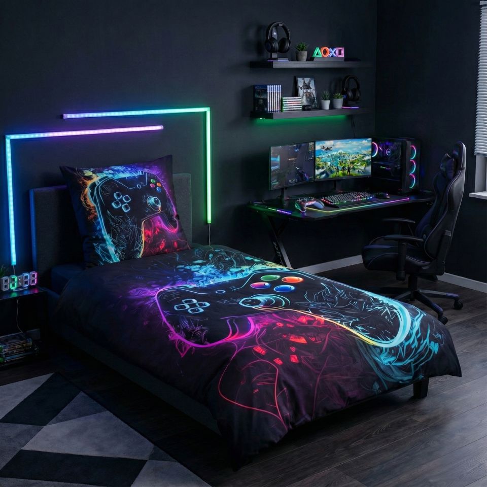 Gaming Bettwäsche auf einem Bett im Gaming-Zimmer mit LED-Leisten und Schreibtisch