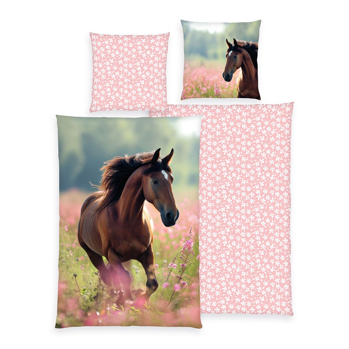 Young Collection Bettwäsche-Set ‘Horse Love’ 135 x 200 cm: Bettbezug mit galoppierendem Pferd in der rosa Blumenwiese, Wendeseite rosa mit Blüten, Kissen 80 x 80 cm