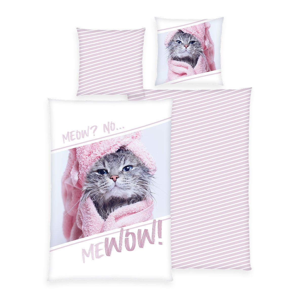 Young Collection Bettwäsche ‘MeWow’: graue Katze im rosa Handtuch mit Schriftzug Meow No MeWow, Wendeseite mit fliederfarbenen Streifen