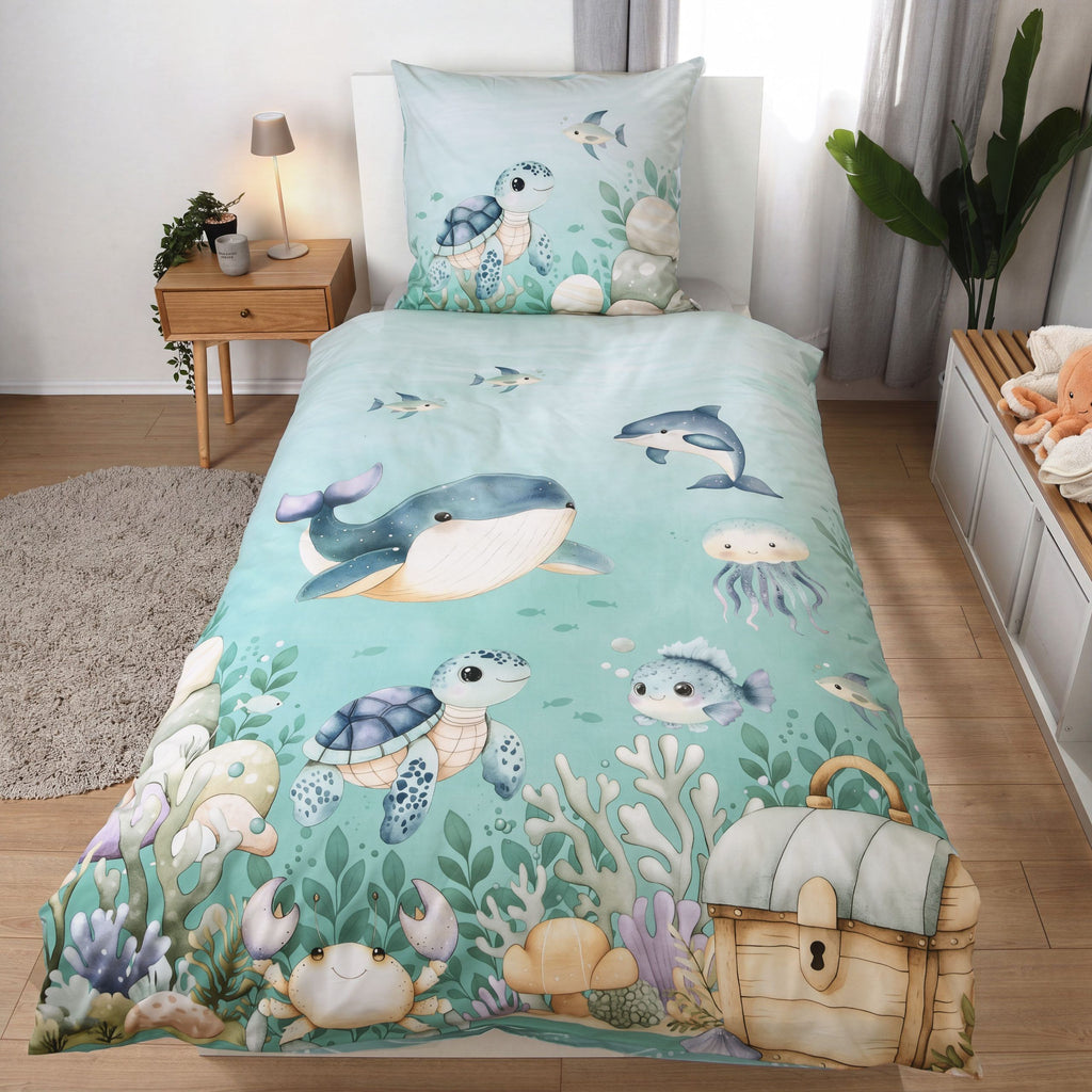 Bettwäsche ‘Ozeanfreunde’ auf einem Einzelbett, Meerestiere in Aquarell