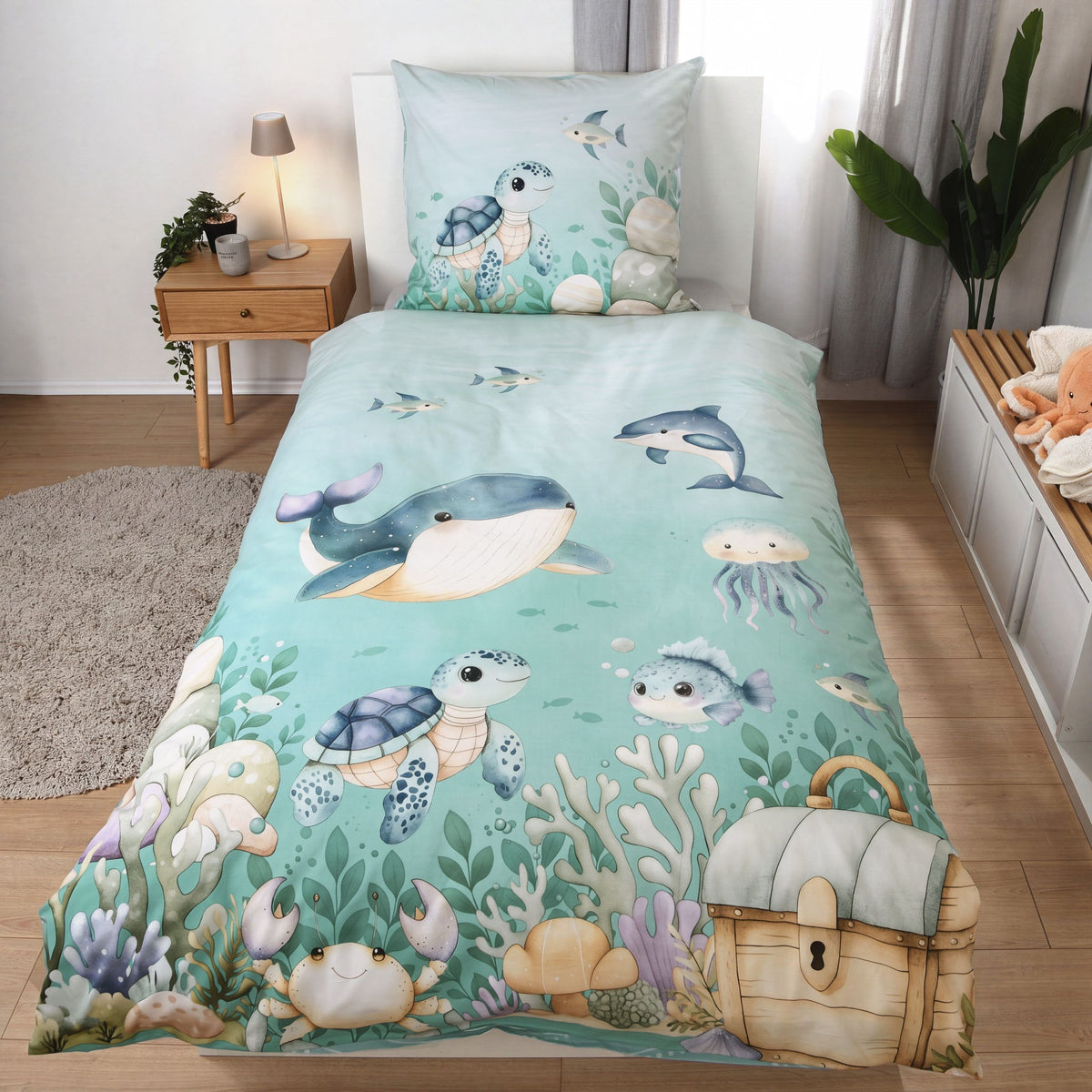 Bettwäsche ‘Ozeanfreunde’ auf einem Einzelbett, Meerestiere in Aquarell