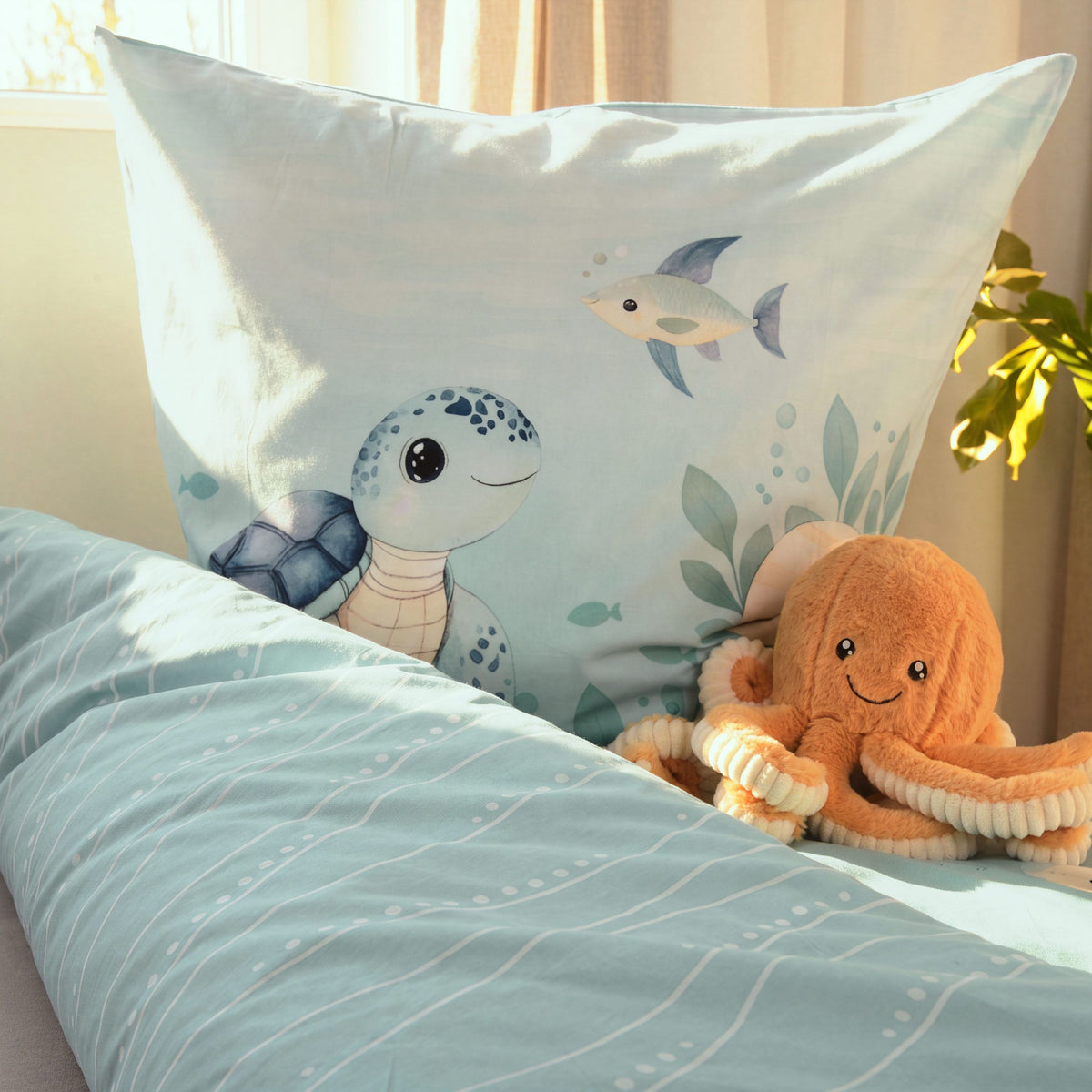 Kissen mit Schildkröte und Fisch neben einem Oktopus-Kuscheltier