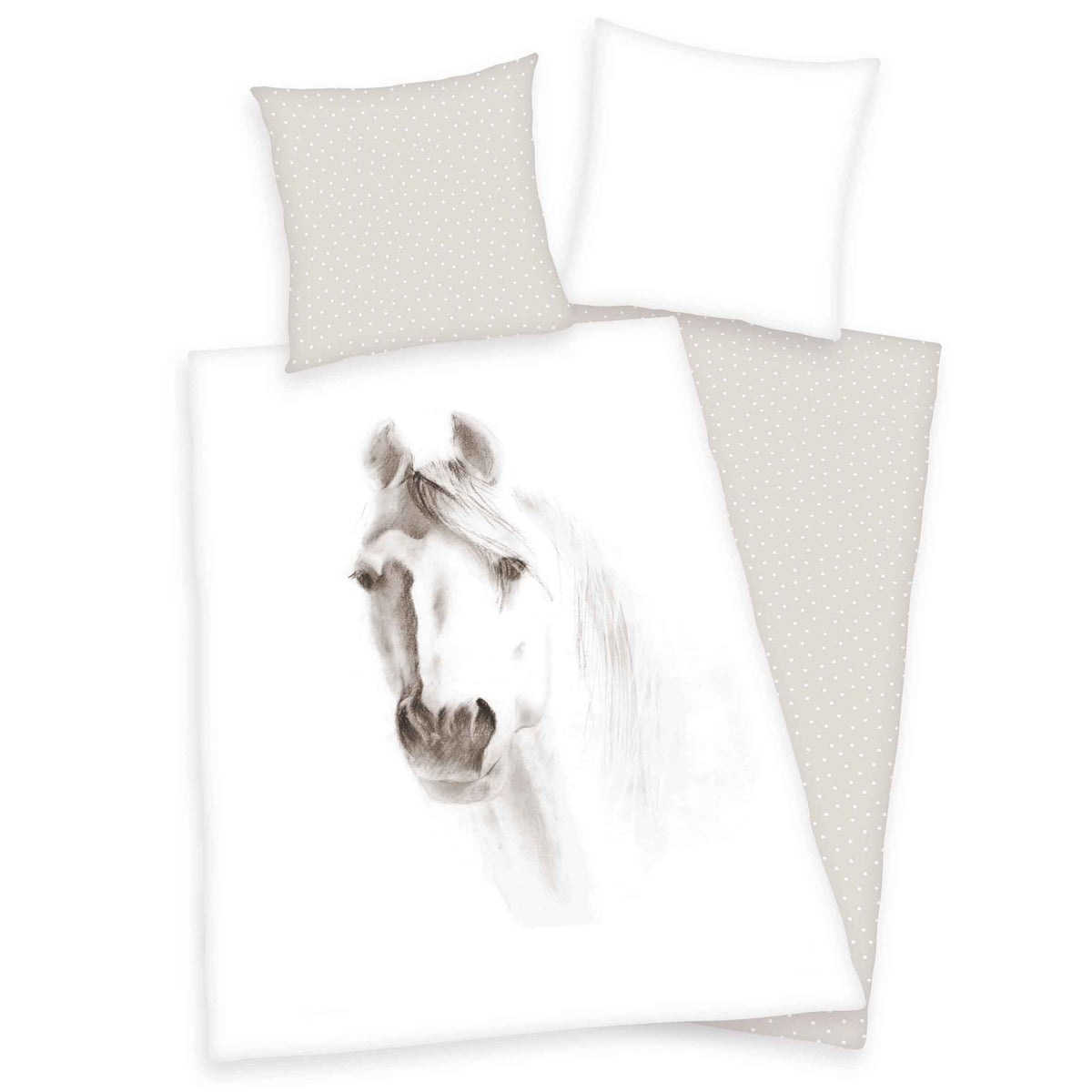 Young Collection Bettwäsche ‘Pferd’: gezeichneter Pferdekopf in Grau auf Weiß, Wendeseite beige mit weißen Punkten