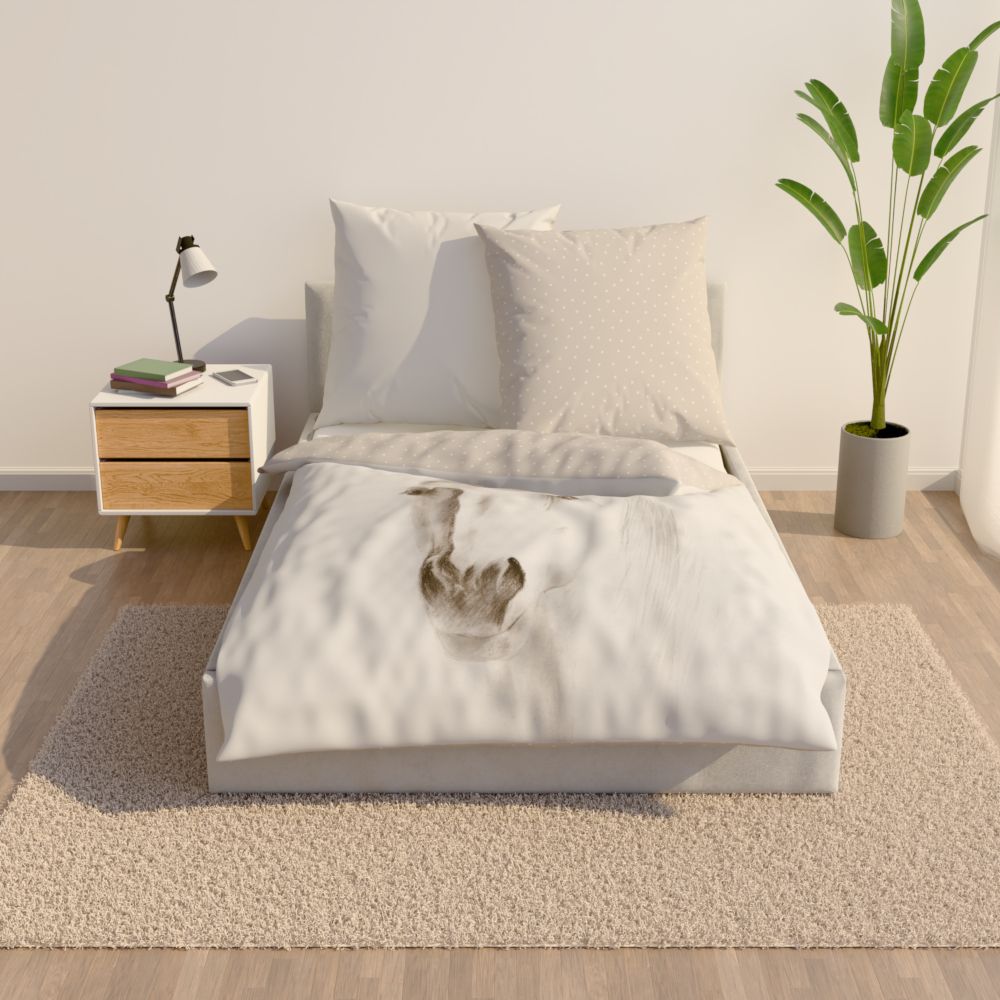 Bett in einem hellen Zimmer mit der Young Collection Bettwäsche ‘Pferd’, einem weißen und einem beigen Kissen mit Punkten