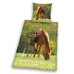 Young Collection Bettwäsche-Set ‘Pferd mit Fohlen’ 135 x 200 cm: Bettbezug und Kissen 80 x 80 cm mit Fuchsstute und Fohlen auf der Sommerwiese