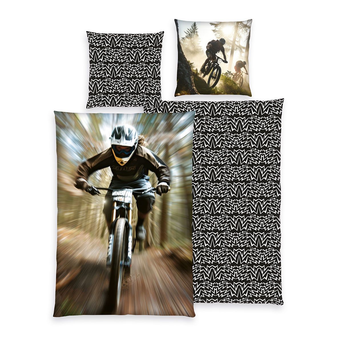 Young Collection Bettwäsche-Set ‘Speed Motion’ 135 x 200 cm: Bettbezug mit Mountainbiker im Downhill, Wendeseite schwarz-weiß mit Zickzack, Kissen 80 x 80 cm