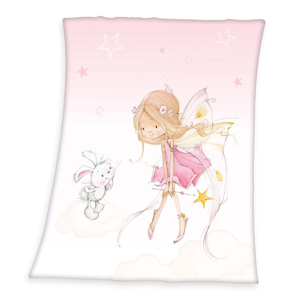 Young Collection Fleecedecke ‘Little Fairy’ 130 x 160 cm: Fee mit Sternenstab und Häschen auf Rosa und Weiß