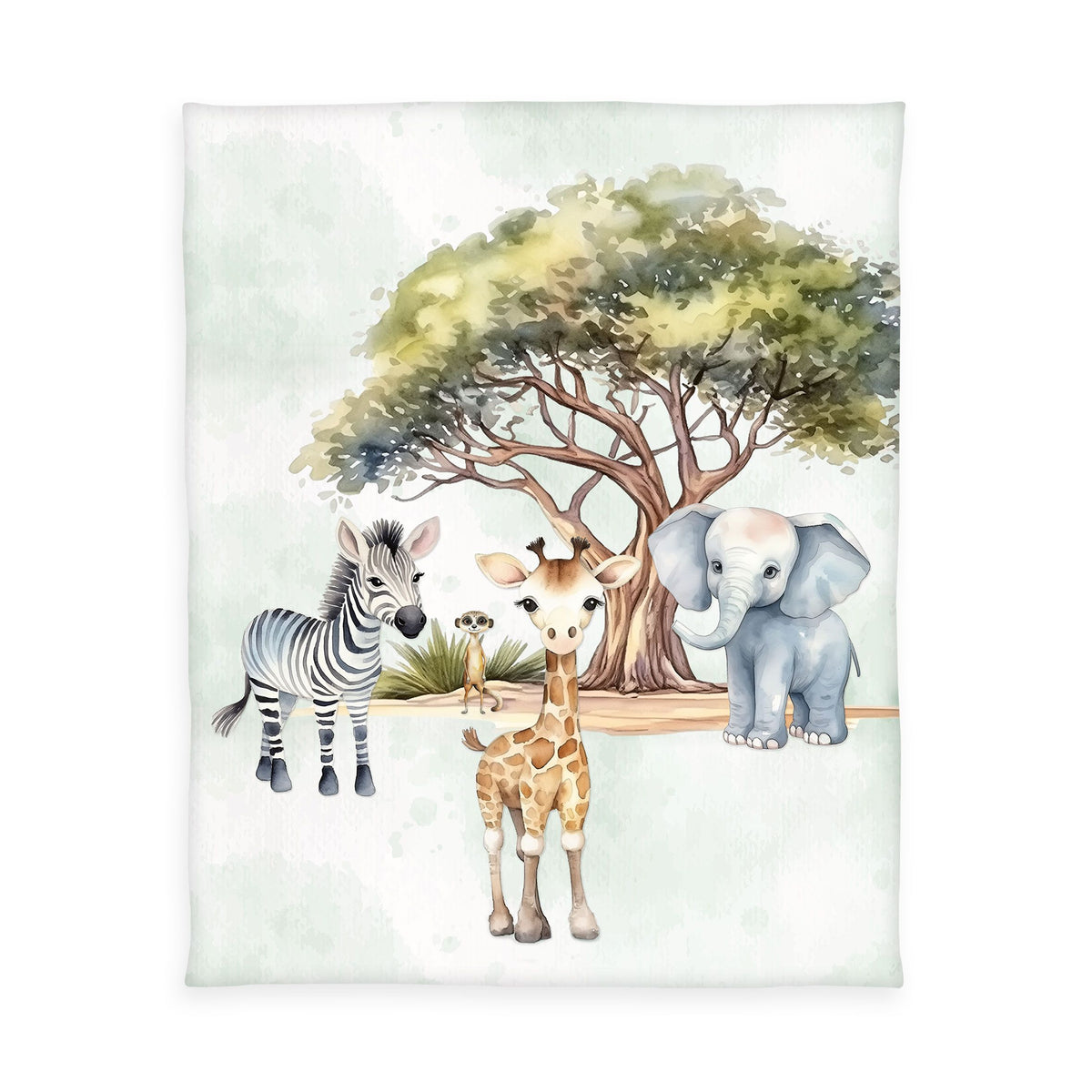 Young Collection Fleecedecke ‘Safari’ 130 x 160 cm: Zebra, Giraffe, Elefant und Erdmännchen unter einer Akazie in Aquarell