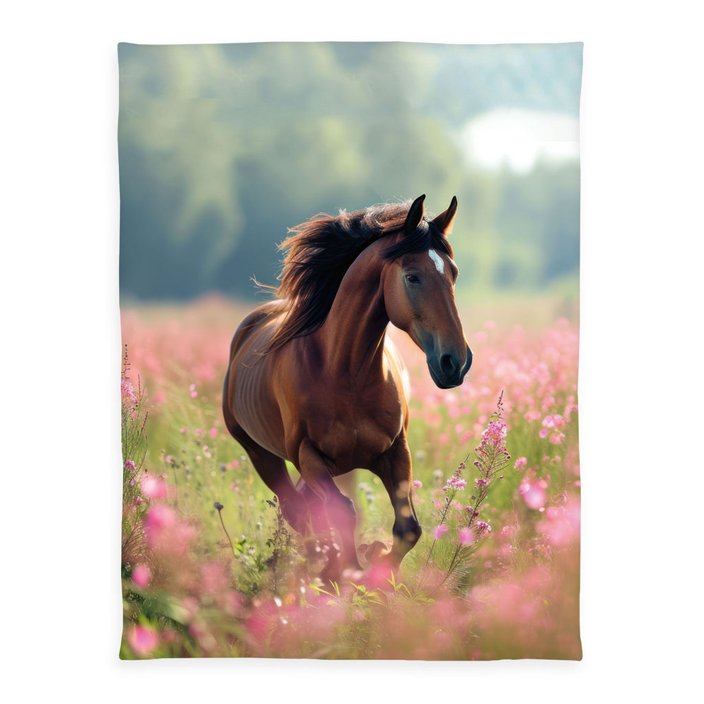 Young Collection Kuscheldecke ‘Pferdeglück’ 150 x 200 cm: galoppierendes Pferd in einer Wiese mit rosa Blüten
